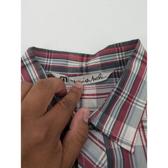 TRAVIS MATHEW Button-Up Men's Size Medium Red‎ Gray White Plaid LS Pocket Shirt - Picture 7 of 10